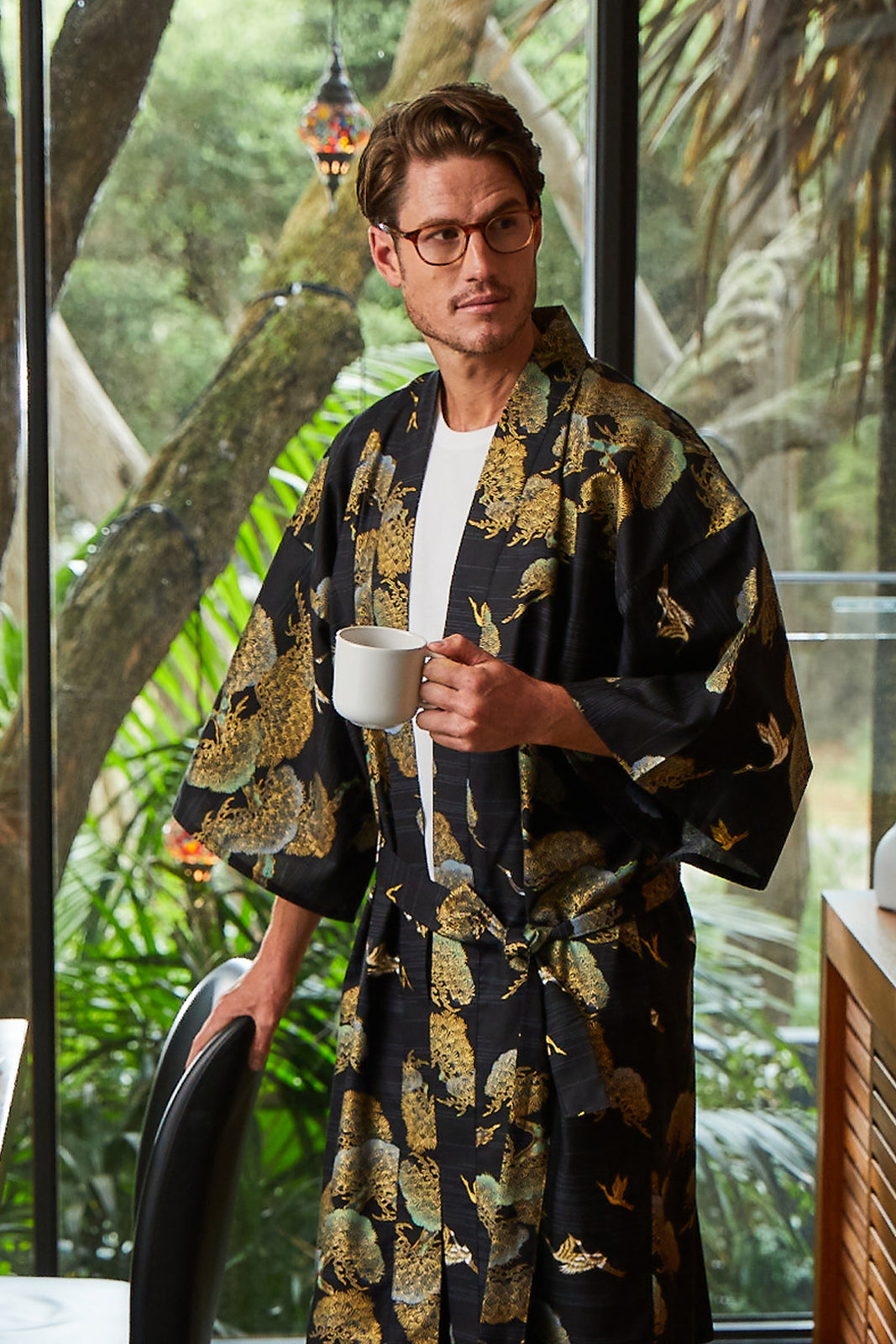 japanese dressing gown mens Men’s Long Cotton Kimono Robe – Pines & Cranes Navy Climbing out of bed Japanese Dressing Gown Mens -
