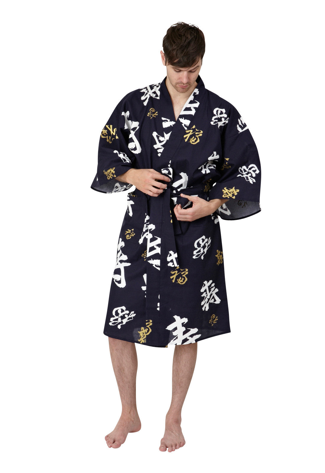 Men’s Short Cotton Kimono Robe – Happy Longevity, Navy
