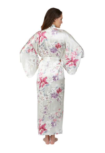 Bridal Kimono Elegant Orchids Long Silk Robe - Beautiful Robes