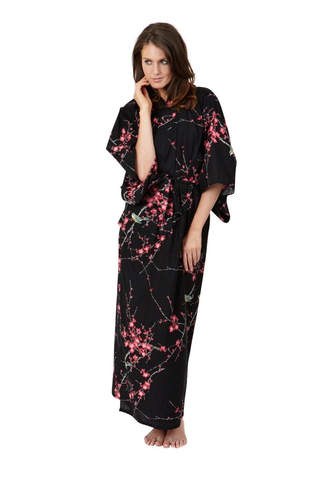 knee length dresses for ladies Short Silk Kimono Robe Cherry Blossom Silk Dressing Gown Dark Teal / One Size Fits Most