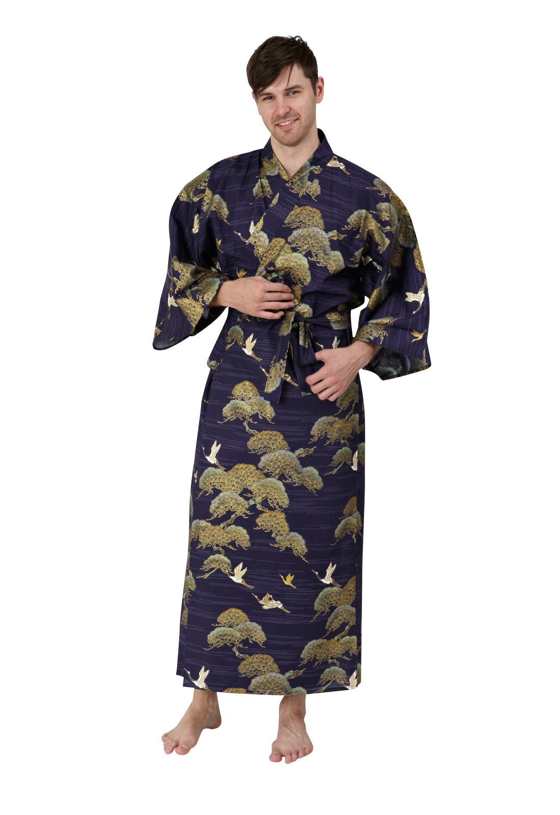 Men’s Long Cotton Kimono Robe – Pines & Cranes Navy Men’s Long Cotton Kimono Robe – Pines & Cranes Navy