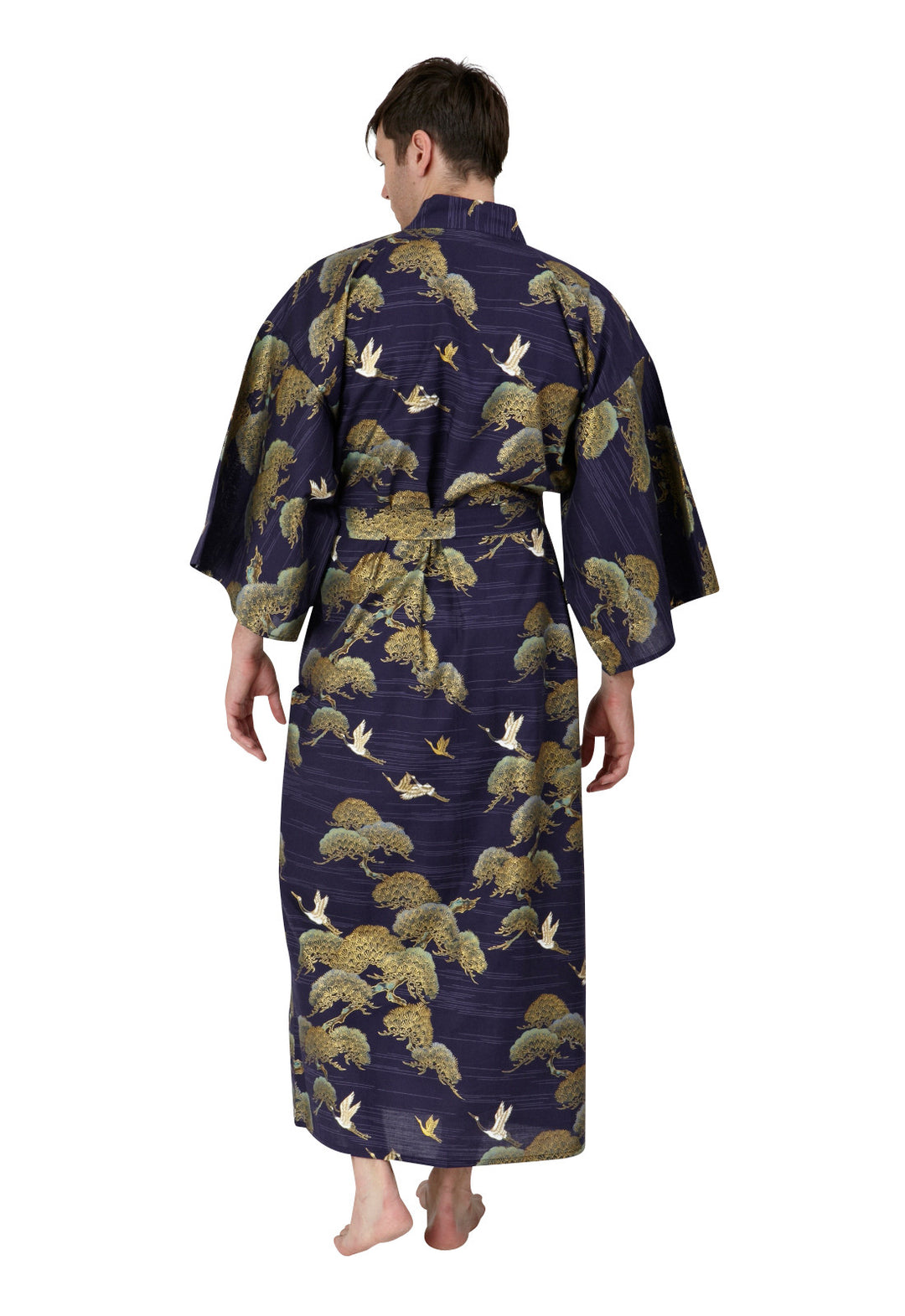 Men’s Long Cotton Kimono Robe – Pines & Cranes Navy