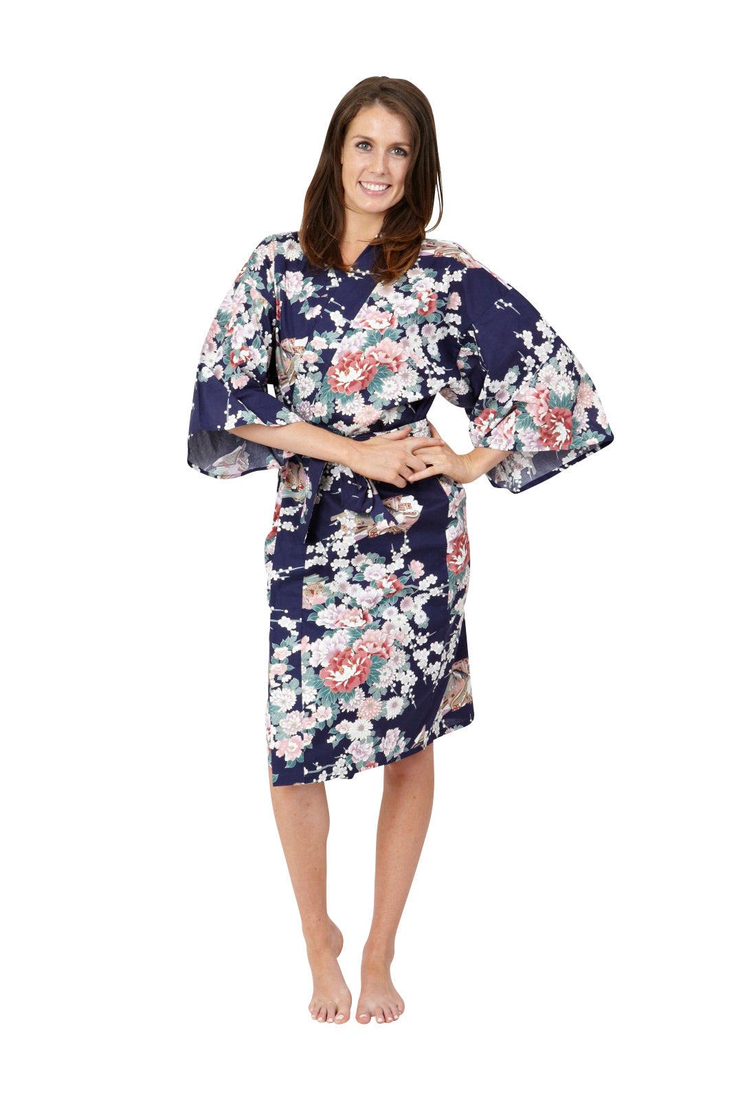 Princess & Peony Cotton Kimono Robe — Short Navy