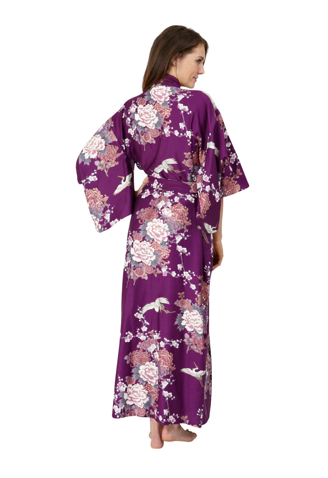 Sample Kimono Robe Flying Crane & Peony Cotton Kimono Robe — Long | Beautiful Robes