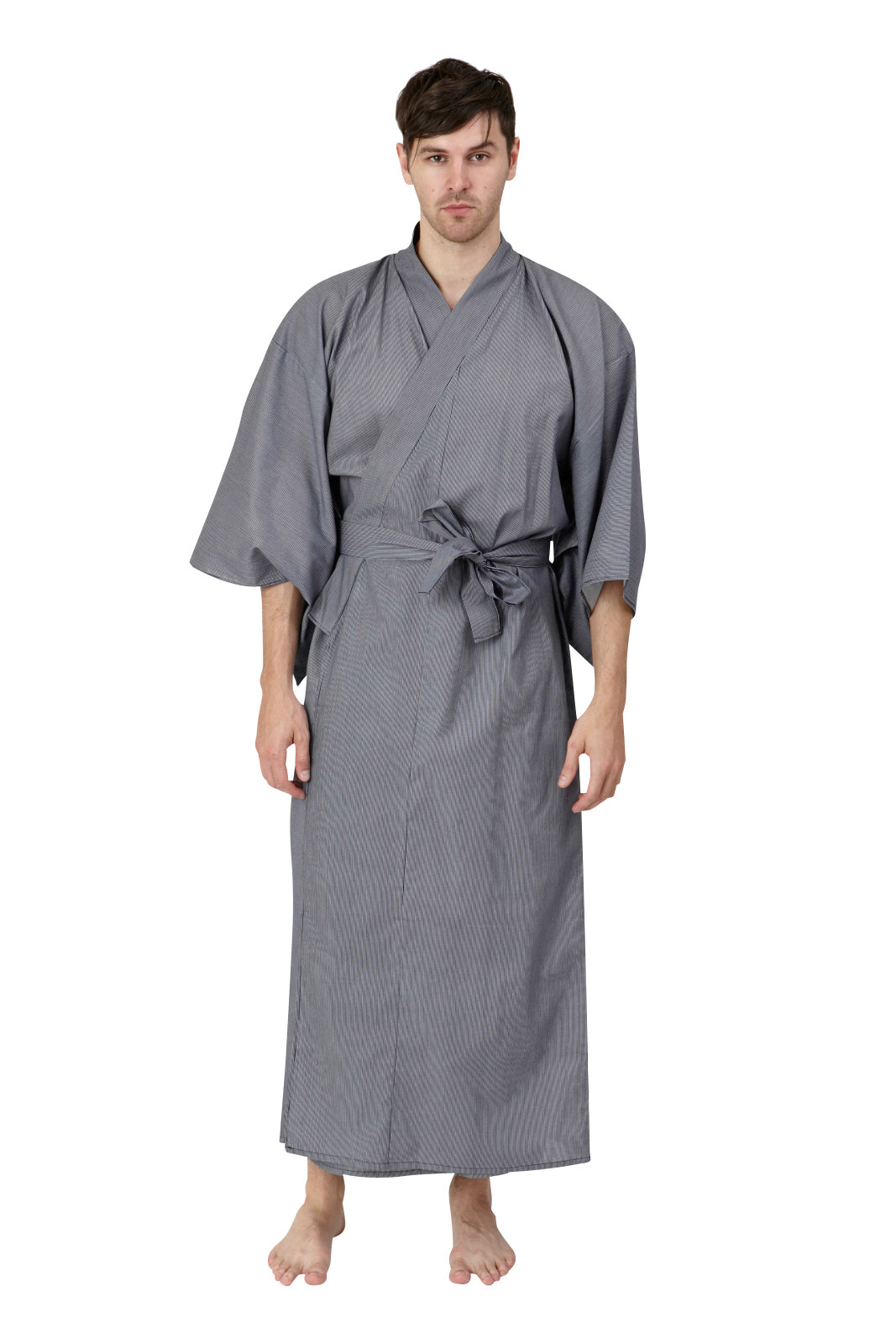 Jama Robe Men Men's Long Cotton Kimono Robe - Thin Stripe Navy | Beautiful Robes