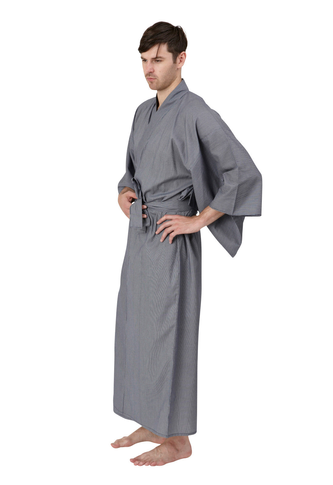 Japanese Robe Emn Men's Long Cotton Kimono Robe - Thin Stripe Navy | Beautiful Robes