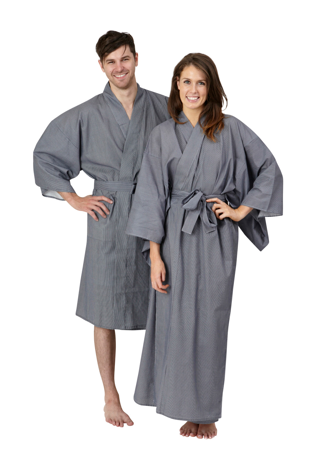 Jama Robe Men Men's Long Cotton Kimono Robe - Thin Stripe Navy | Beautiful Robes
