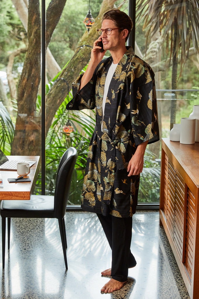 Men's Kimono Tops Jacquard Diamond Cotton Kinran Dark Brown : SOU