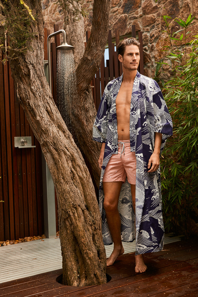 Men’s Long Cotton Kimono Robe – Koi Navy